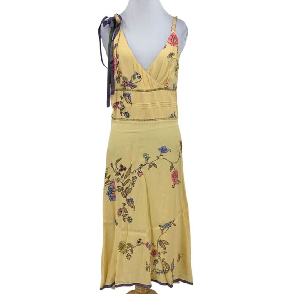 Nataya—Yellow Floral Multi Strappy Midi Dress, Low Back, Flapper 1920s—Medium